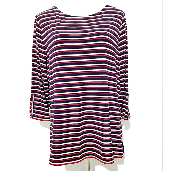 Tommy Hilfiger Tops - Tommy Hilfiger Women's 3/4 Sleeve Navy/Red Striped Top Size Large Button Accents